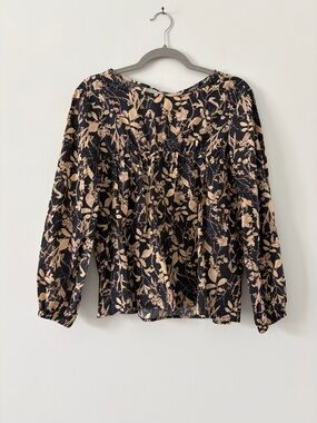 Natalie Busby Black Tan Floral Cotton Long Sleeve Boho Peasant Blouse Top S